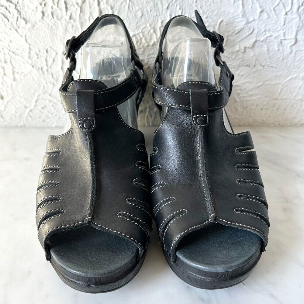 Dansko Heeled Sandals Women's 41/10.5 Black Leather Open Toe Slingback Randa